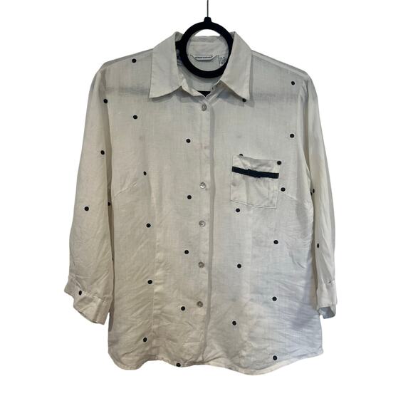 Vintage Women’s Richard Malcom Linen Polkadot Blouse Black White M - Picture 2 of 7
